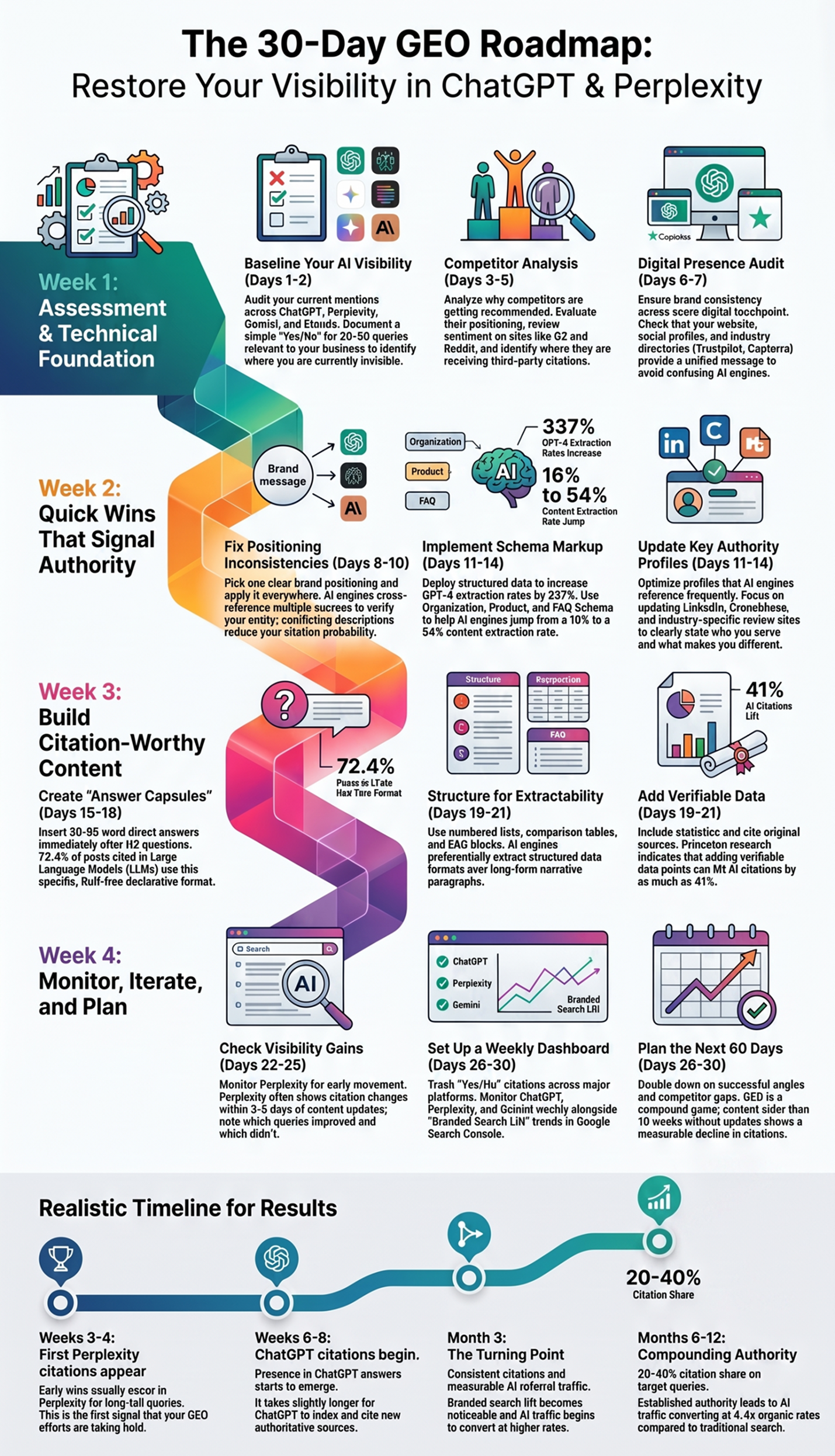 GEO 30-Day Roadmap Infographic: A four-week plan to restore AI visibility. Week 1 covers assessment and technical foundation. Week 2 focuses on quick wins like schema markup. Week 3 is about building citation-worthy content with answer capsules. Week 4 covers monitoring and iteration. The infographic also includes a realistic timeline showing when to expect Perplexity and ChatGPT citations.